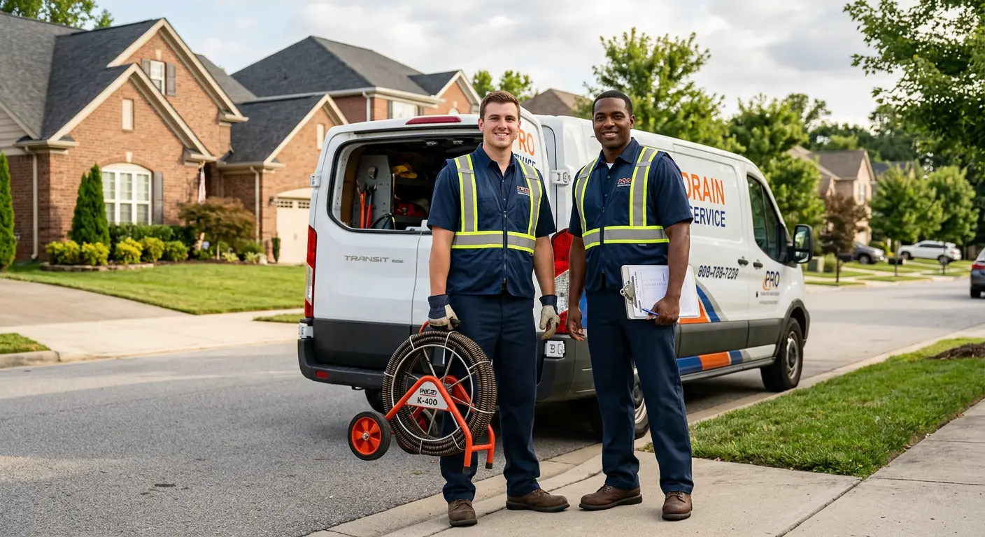 Sewer and drain service team with equipment ready for work in Athens