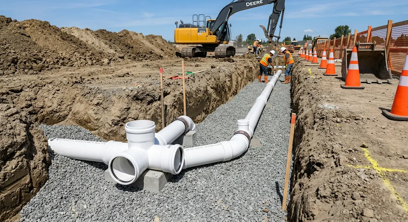 New PVC sewer pipe installation in open trench for Sewer Backup in Athens